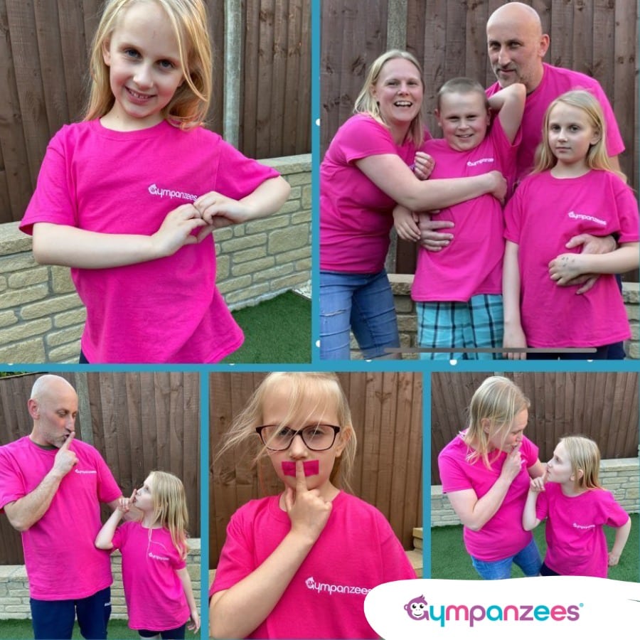 A collage of a family of four in pink Gympanzees tops