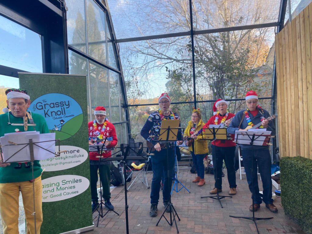 A group of people in Christmas jumpers stood together playing the ukelele.