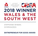 The image is of the 'Natwest 2018 Winner' with a geographic logo for Natwest in the top left. 'Natwest Great British Entrepreneur Awards' in small print to the right of that. 'GBR' with union flag design within the letters to the right again. Below that reads '2018 Winner, Wales and the South West.' Then 'Stephanie Wheen, Gympanzees in smaller print below that. With the final line at the bottom reading 'Entrepreneur for Good Award.'